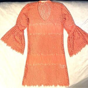 Valerie Khalfon Paris Coral Intricate Lace Mini Dress 6 Boho Bell Sleeve V-neck